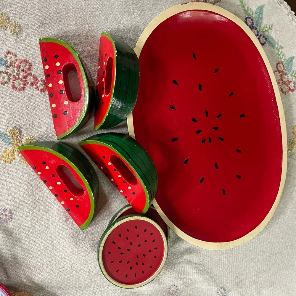 Vintage Wooden Watermelon Cocktail Tray Set. 4 Coasters & 4 Napkin Holders. 14
